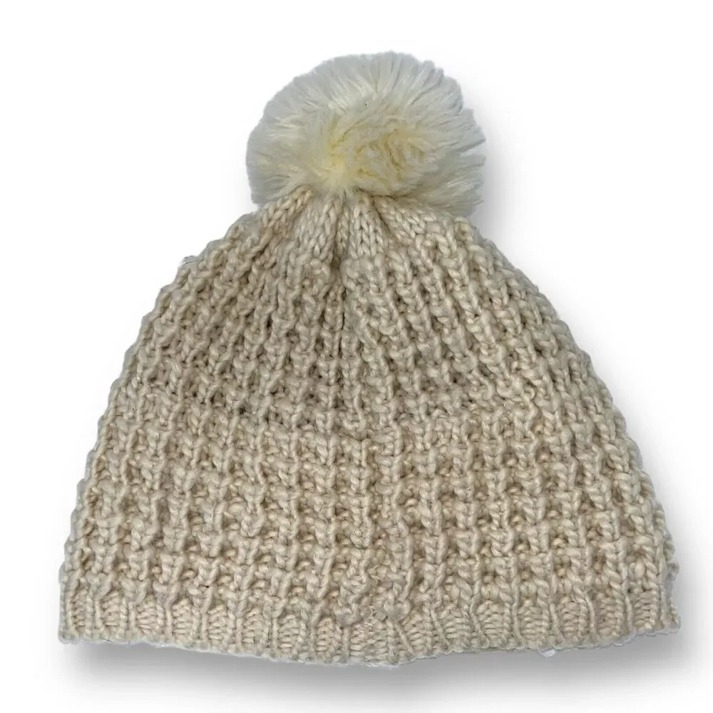 Unbranded Canadian Wool Blend Knit Cream Beanie with Poof